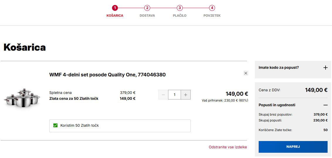 Košarica Petrol eShop z izdelkom WMF 4-delni set posode Quality One. Prikazana je redna cena 379,00 € in znižana cena 149,00 € ob koriščenju 50 Zlatih točk. Možnost spreminjanja količine, odstranitev izdelka in gumb »Naprej«. Na desni strani povzetek naročila s skupnim zneskom 149,00 €.